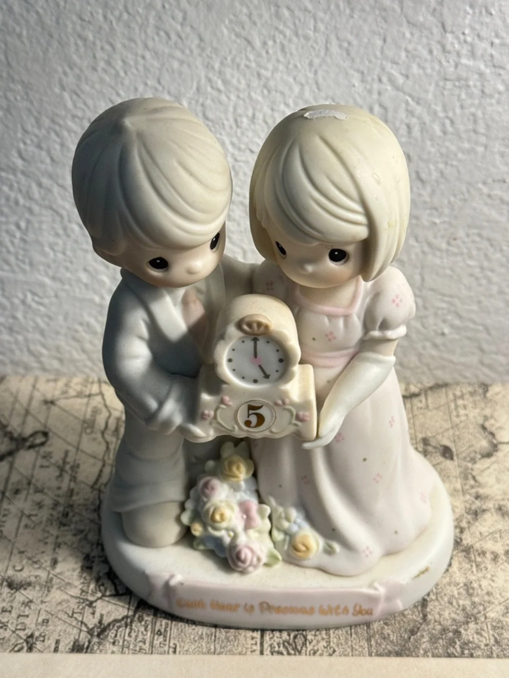 Precious Moments Cream and Pink Porcelain Couple Figurine with Clock